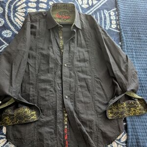 Robert Graham Black Patterned Dress Shirt with Green Accents size XL